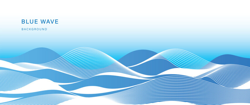 Ocean wave background vector. Abstract blue layered sea with flowing contour lines, geometric curved surfaces and smooth gradient. Minimal marine design for banner, poster, cover and wallpaper.