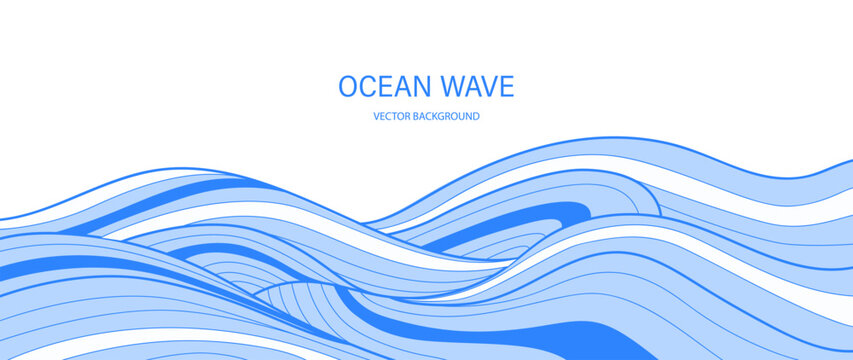 Ocean wave background vector. Abstract blue flowing water with layered curved lines and luminous gradient. Modern marine design for banner, poster, cover, wallpaper and presentation.
