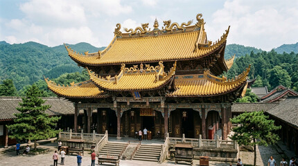 Obraz premium Golden Rooftop Temple in Lush Green Mountain Landscape, Traditional Asian Architecture