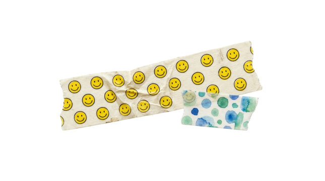 Wrinkled smiley pattern masking tape pieces isolated on transparent background for scrapbooking and creative design
