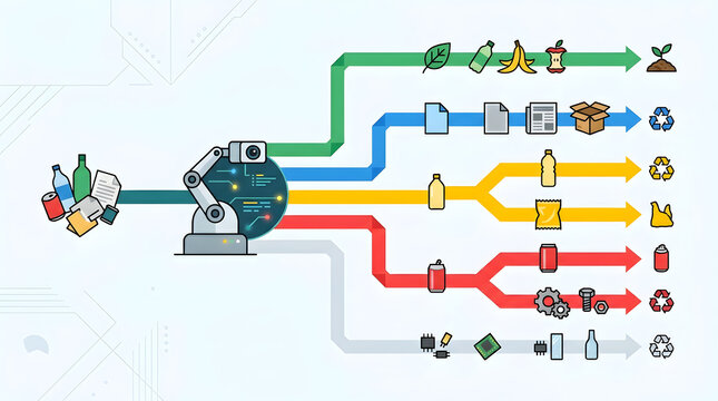 AI waste sorting and smart recycling automation concept illustration background