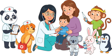 Female pediatrician examining little boy with stethoscope near mother and cute animal medical assistants vector illustration