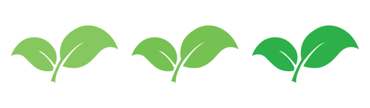 Green leaf icons set. Collection of stylized green leaf icons featuring elegant two-leaf botanical shapes in multiple shades of green.