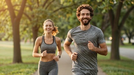 Fototapeta premium Couple runs together in a park during the early evening with sunlight shining through trees