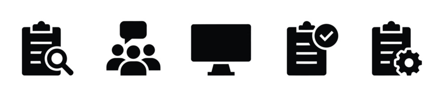 Business management flat icon set with clipboard search, team discussion, computer monitor, checklist approval and settings, black glyph symbols on white background, task audit vector icons