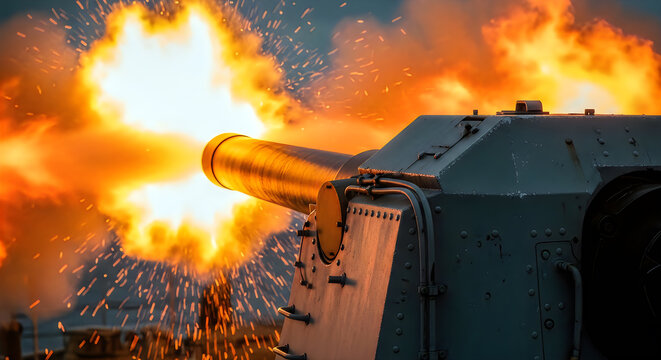 Close up perspective of heavy caliber naval gun barrel during explosive firing sequence.
