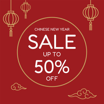 Chinese New Year Sale Banner. Gold lanterns and clouds on red background