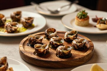 Fototapeta premium Delicious escargot served on a wooden plate in a restaurant during dinner