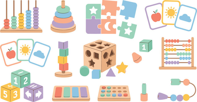Pastel educational baby toys vector icon set with abacus sorting cube blocks and flashcards for montessori kindergarten classroom design elements
