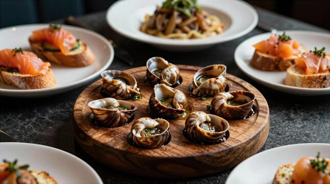 Tasty seafood dishes served on a table in a restaurant during dinner time