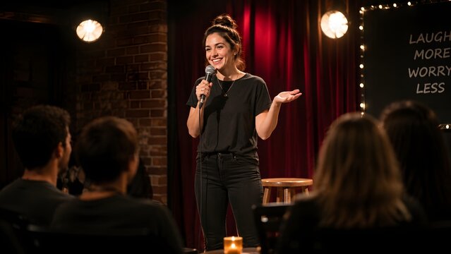 A female comedian commands the stage in a dimly lit comedy club, delivering a punchline to an engaged audience.