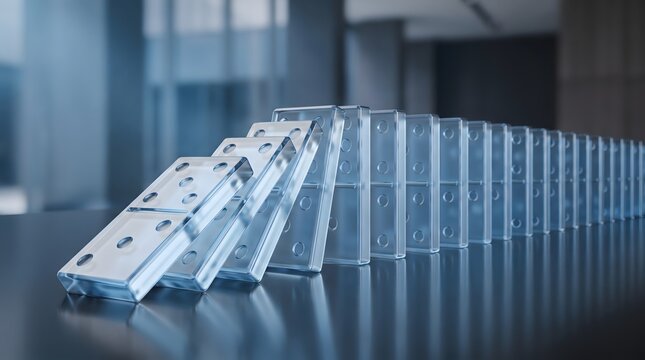 Transparent glass dominoes falling in chain reaction representing business risk management and financial market volatility