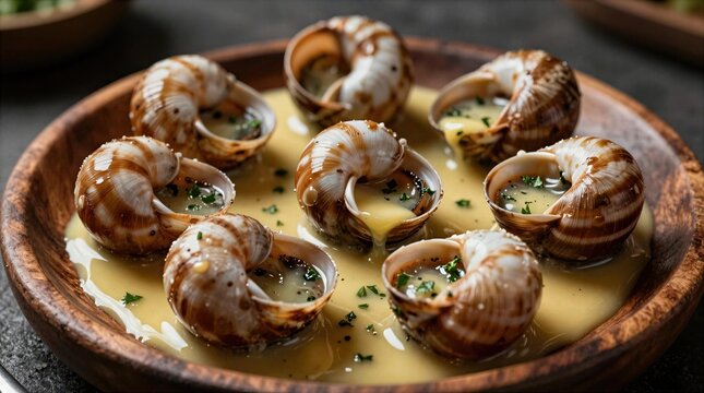Dish of sea snails served in a sauce on a wooden plate at a restaurant