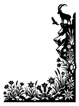 Alpine Nature Silhouette Corner Border with Ibex Eagle and Edelweiss Flowers