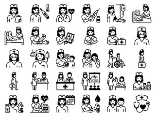 Fototapeta premium Nurse Icon Set: Medical Care, Health, Hospital, Doctor, Patient, Treatment