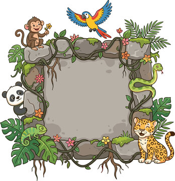 Cute jungle animals surrounding blank stone frame board leopard parrot monkey panda snake chameleon vector illustration