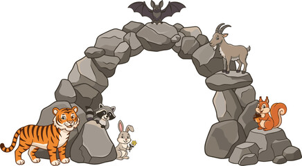 Cute wild animals tiger raccoon rabbit goat bat squirrel exploring rocky stone arch cave vector cartoon illustration © MdBarat