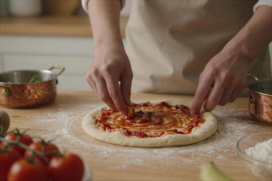 Making pizza dough in a kitchen with fresh ingredients and simple tools
