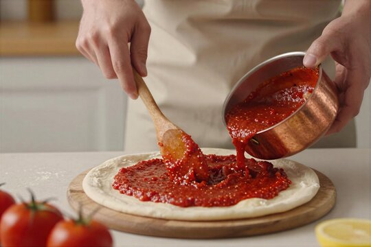Making pizza sauce and spreading it on dough in a kitchen