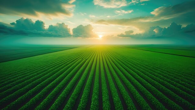 Sunset shining over expansive green farm field with tractor tracks, aerial perspective of agricultural landscape
