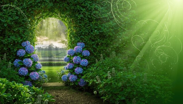 Vibrant Hydrangeas Framing an Arched Pathway in a Lush Green Garden with Sunlight Rays