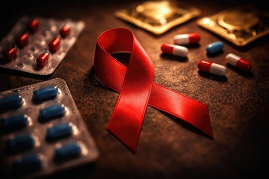Red Awareness Ribbon with Medication and Condoms on a Table Top