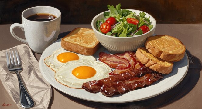 Delicious Breakfast Plate with Eggs Bacon Toast Salad and Coffee on a Table