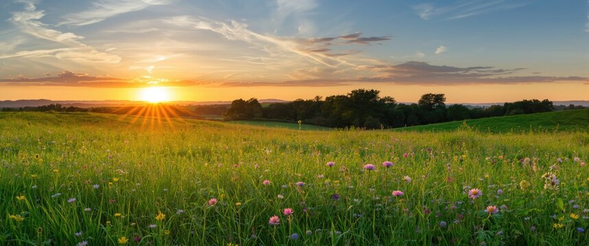 Sunrise Over a Vibrant Meadow with Colorful Wildflowers and Rolling Hills