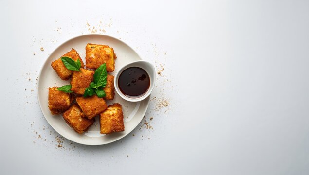 Fried Cheese Cubes Served on a Plate with Fresh Basil and Dipping Sauce