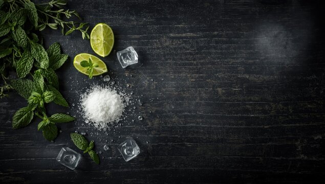Fresh Mint Leaves Lime Slices Sea Salt and Ice Cubes on Dark Wood Surface