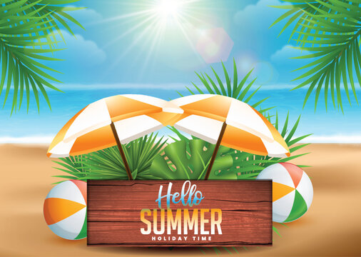 Summer season hello summer social media post design realistic tropical beach and beach ball, palm leaves, palm tree, Wooden sign holyday vacation background