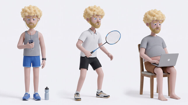 Three 3D cartoon characters of the same man in different lifestyles: athletic runner with headphones, badminton player, and overweight man working on laptop. Ideal for fitness, healthy lifestyle