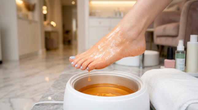 Female foot receiving paraffin wax treatment in beauty salon, deep skin hydration and pedicure care