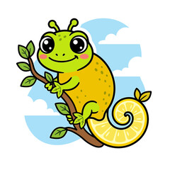 Naklejka premium Cute Cartoon Chameleon Sitting on a Tree Branch.