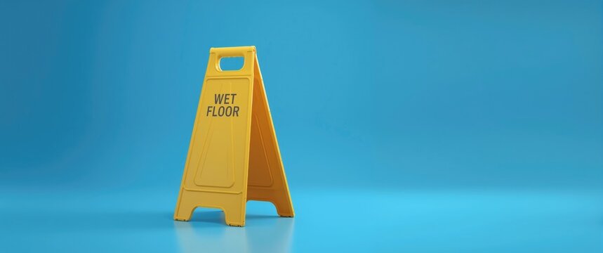 Yellow Wet Floor Sign Isolated on Blue Background with Clean Lines