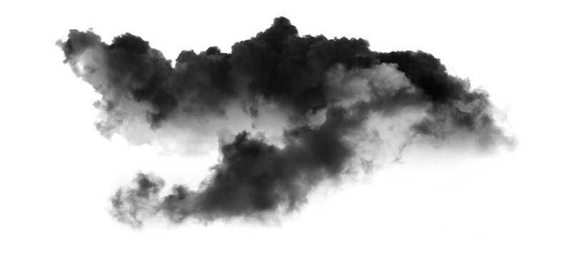 Dramatic black cloud isolated on white background, dark storm cloud texture, moody smoke element for digital compositing and design