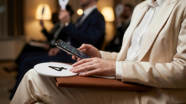 Female phone bidding assistant holding smartphone and paddle, investment auction and wealth management event