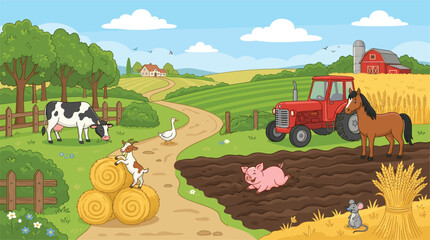 Beautiful farm landscape with tractor and cute animals cow horse pig goat goose mouse near red barn © MdBarat