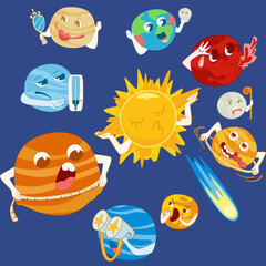 A cute kawaii illustration of the solar system with planets for kids. Educational resources: astronomy and space. © Anastasiya