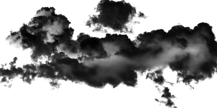 Dramatic black clouds isolated on white background, dark storm cloud silhouette, moody smoke texture for digital art and photo manipulation