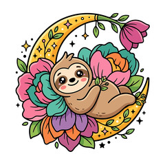 Obraz premium Cute Sloth Hanging on a Colorful Floral Crescent Moon.