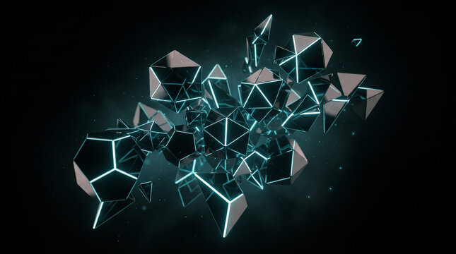 Abstract geometric crystal formation with glowing teal light lines on dark background geometry abstract structure