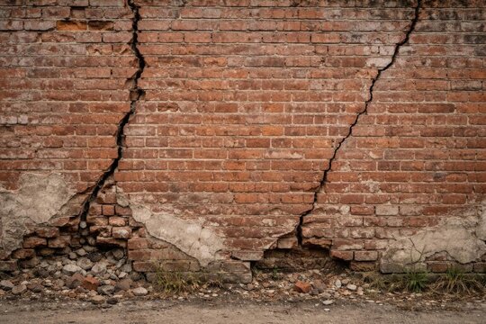 Cracked Brick Wall with Exposed Mortar and Ground Debris