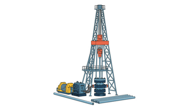 Detailed isometric illustration of an oil drilling rig tower with winch and drill pipe assembly for deep well exploration.