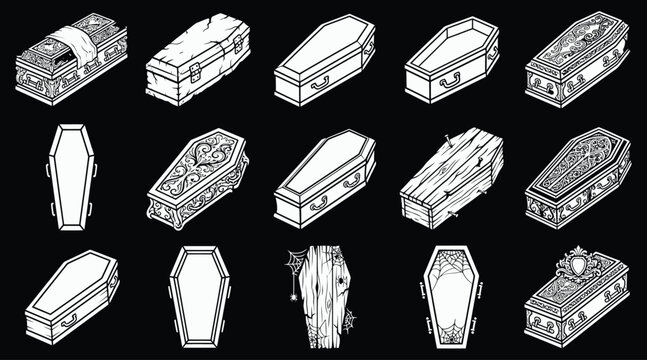A comprehensive halloween vector bundle featuring various detailed coffin illustrations and spooky casket designs isolated on a solid black background for creative projects