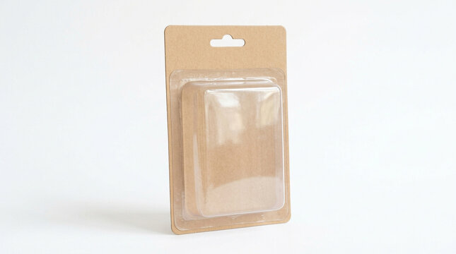A blank retail display clamshell with a glossy plastic front and a blank back on a pure white backdrop