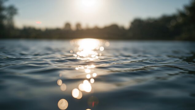 Rippling Water Surface Reflecting Sunlight Against a Soft Horizon at Dusk