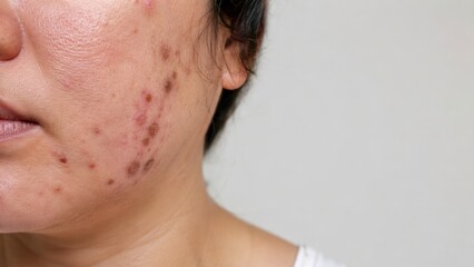 Naklejka premium Close-up of face with acne scars and blemishes visible on cheek and lower jaw skin texture