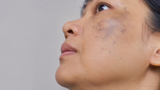 Close-up of woman with dark bruise on cheek looking upwards against plain background