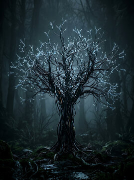 Frost covered bare tree standing in mysterious misty forest with glowing blue networking twigs 